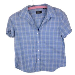 90s Vintage 🌸 Baby Blue Plaid American Eagle Short Sleeeve